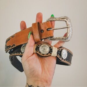 Nocona Black and Brown Western Leather Belt with Silver Conchos